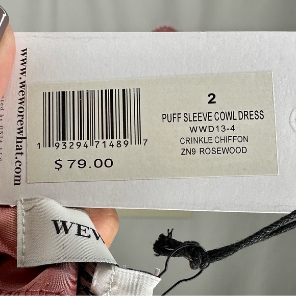 NWT WeWoreWhat Puff Sleeve Crinkle Chiffon Cowl Dress Rosewood Size 2 - Picture 12 of 16